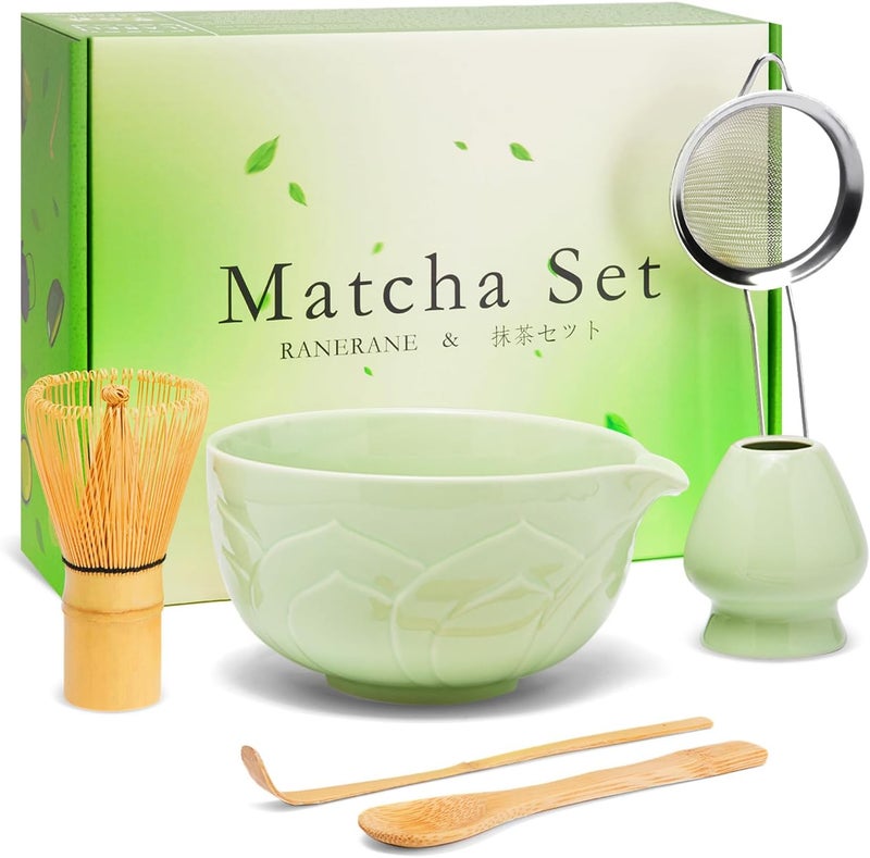 RANERANE Matcha Whisk Set, Lotus Green Ceramic Matcha Set Includes Matcha Bowl, Matcha Whisk (Chasen) and Holder, Sifter, Bamboo Scoop & Spoon - 6 Pcs Matcha Kit for Matcha Lovers - Image 1